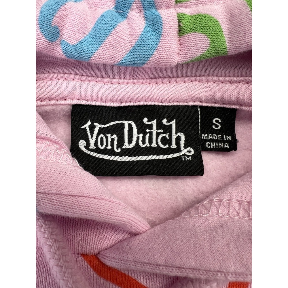 Von Dutch Pink All Over Logo Hoodie Sweatshirt Cropped Y2K Streetwear Womens S - Picture 6 of 9